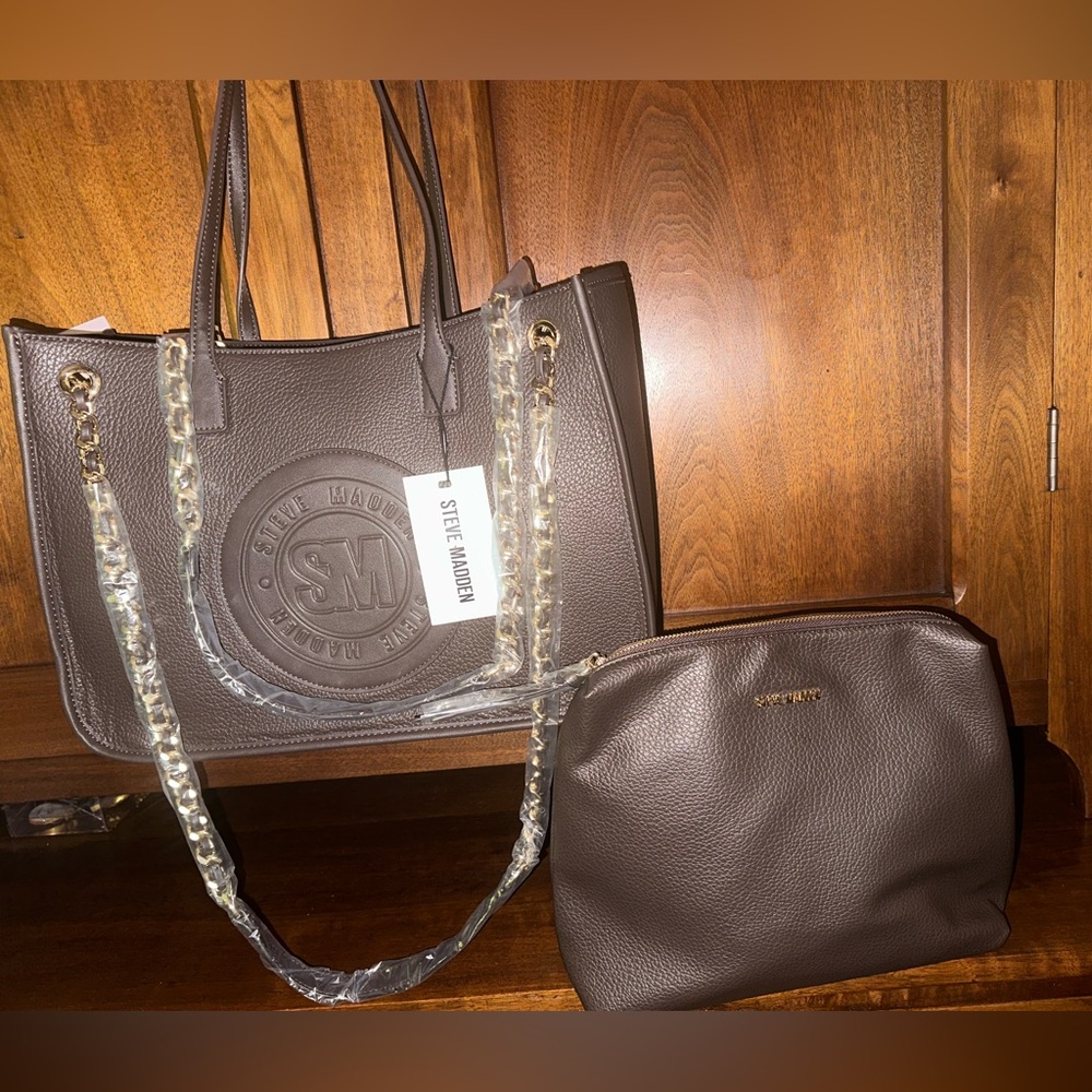 Steve Madden Dark Brown Tote and Pouch Set